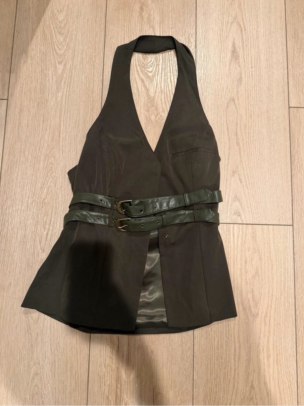 Anthropologie Womens Olive Green Halter V-Neck Belted Top
